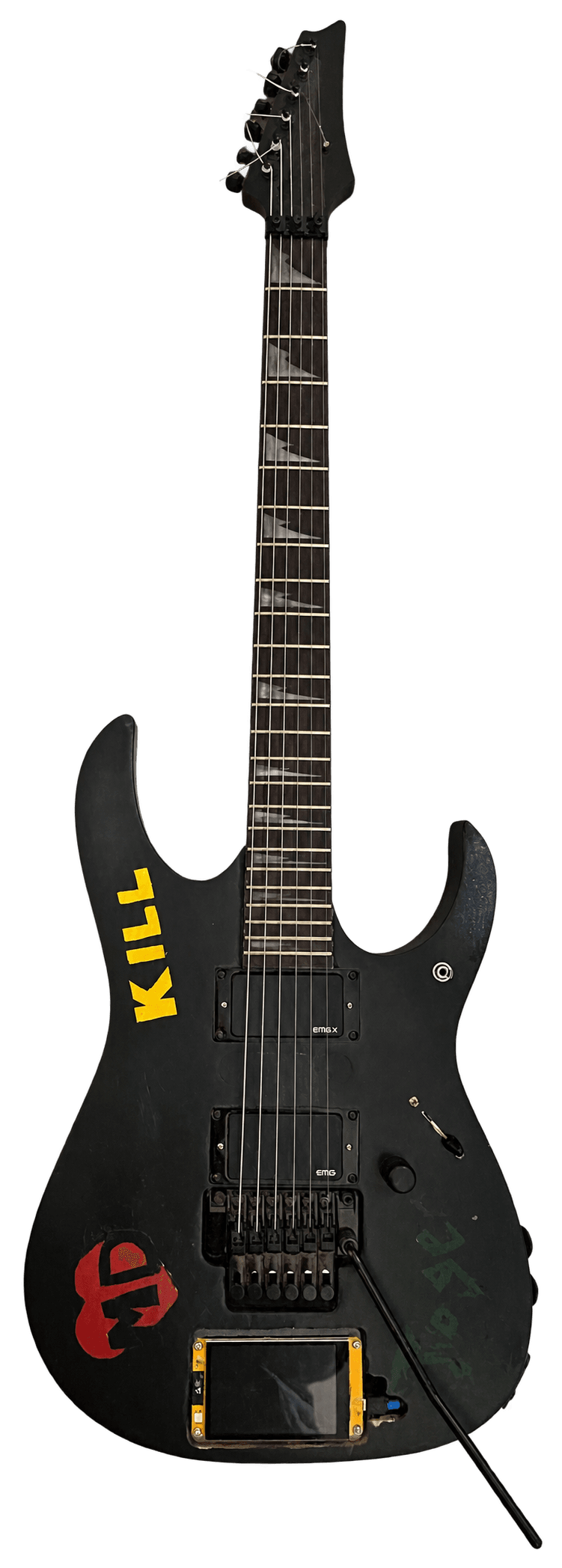 Black custom guitar with its full whammy bar and a playable screen below the bridge